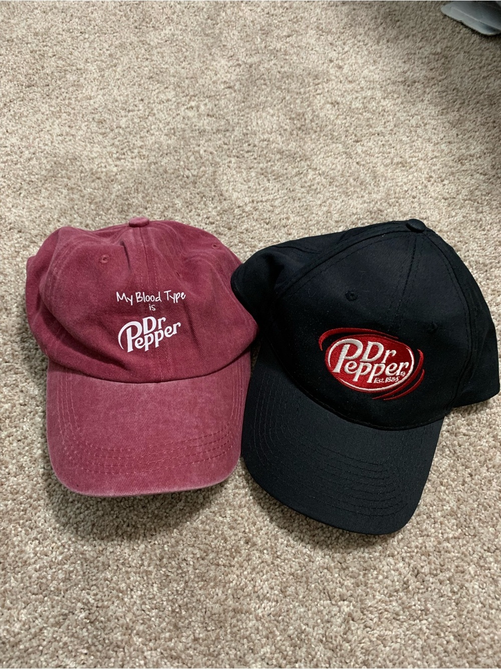 Set 2 My Blood Type Dr Pepper Burgundy Printed (New) Black Embroidered Hat Cap